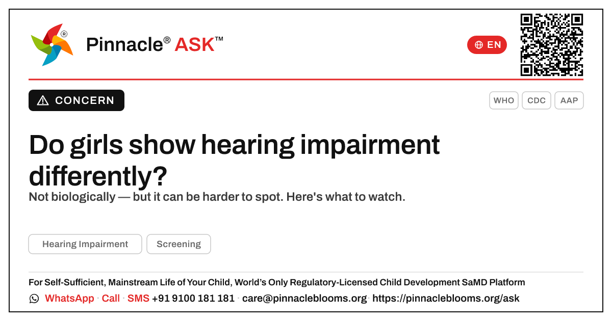 Do girls show hearing impairment differently? — Pinnacle Ask answer card with a short explanation and QR link