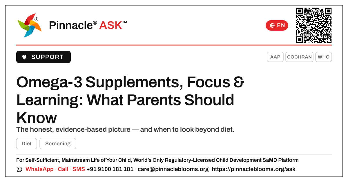 Do omega-3 supplements help with focus and learning? — Pinnacle Ask answer card with a short explanation and QR link