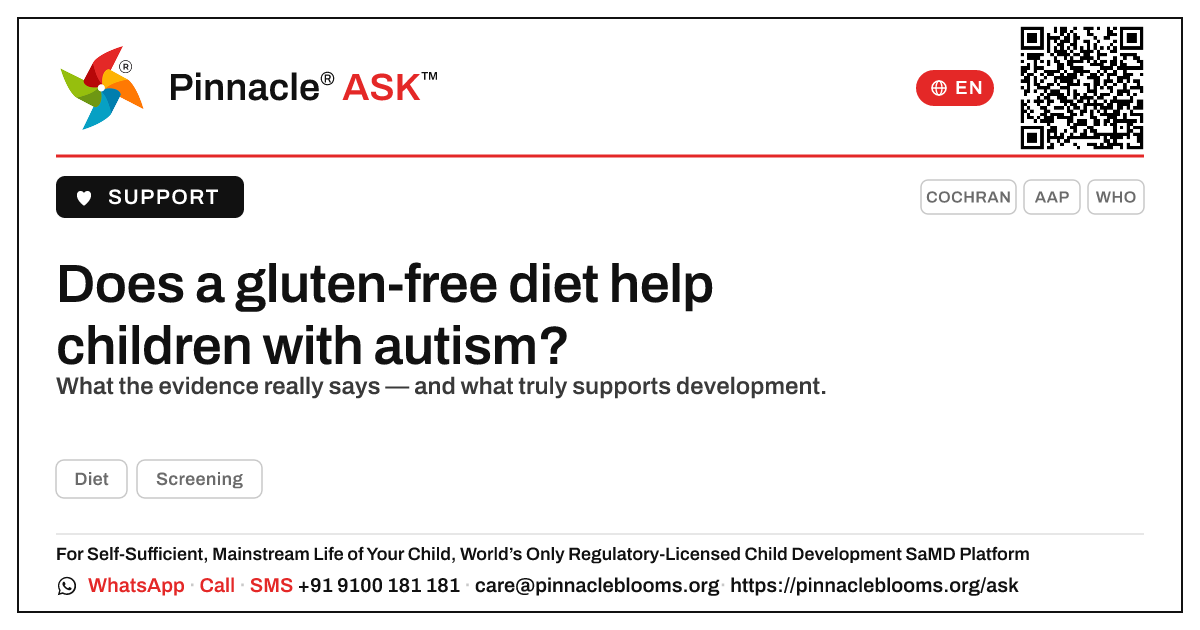 Does a gluten-free diet help children with autism? — Pinnacle Ask answer card with a short explanation and QR link