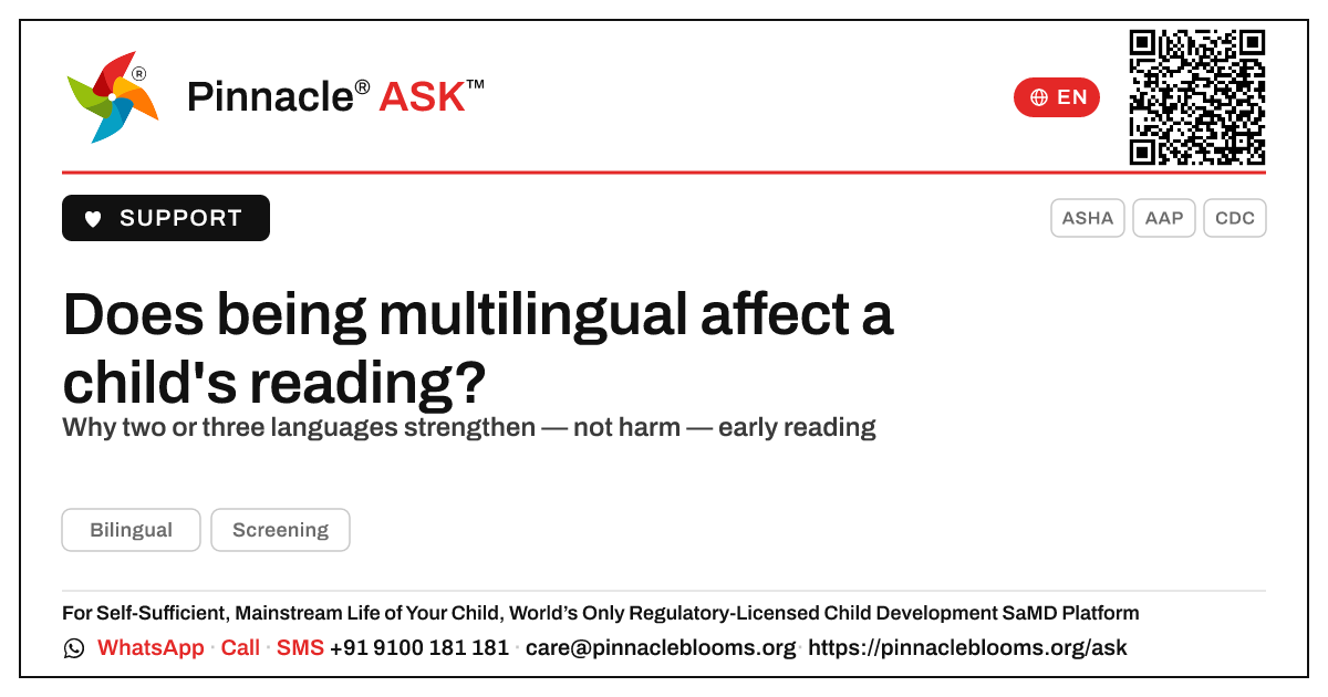 Does being multilingual affect a child's reading? — Pinnacle Ask answer card with a short explanation and QR link