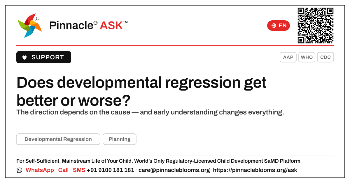 Does Developmental Regression Get Better or Worse? — Pinnacle Ask answer card with a short explanation and QR link