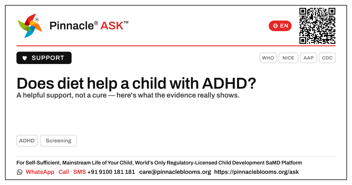 Does diet help a child with ADHD? — Pinnacle Ask answer card with a short explanation and QR link