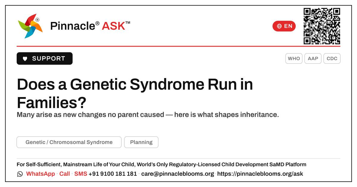 Does a Genetic or Chromosomal Syndrome Run in Families? — Pinnacle Ask answer card with a short explanation and QR link