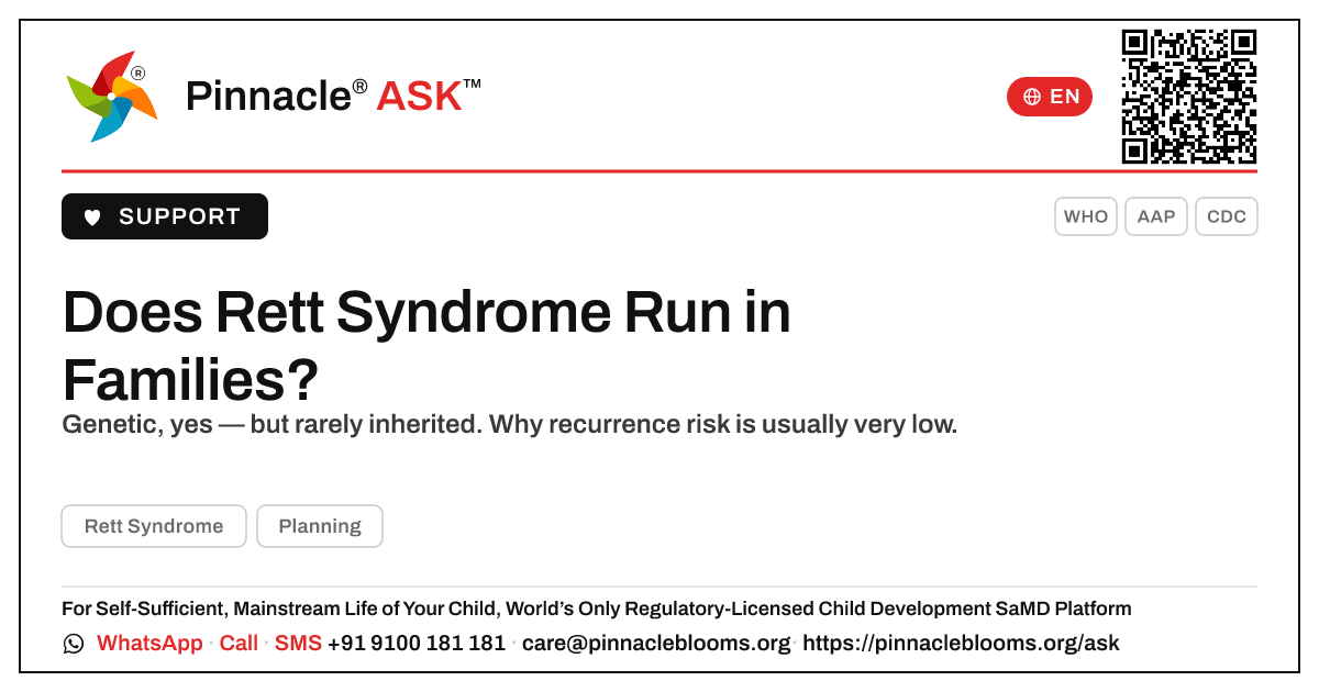 Does Rett Syndrome Run in Families? — Pinnacle Ask answer card with a short explanation and QR link