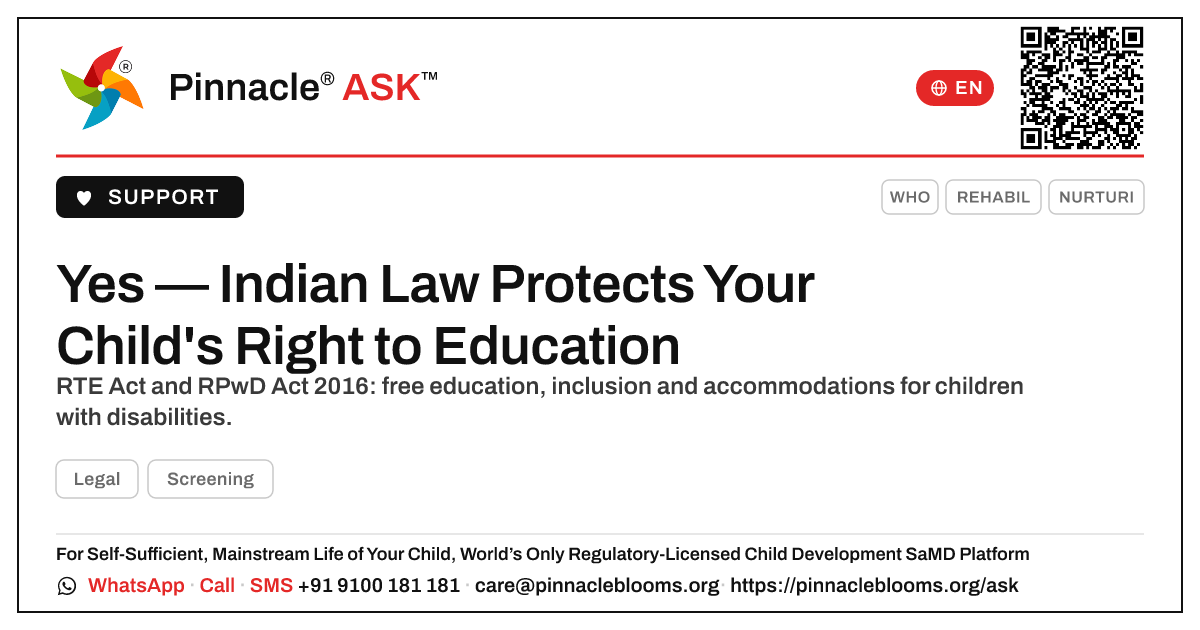 Does the Right to Education Act Cover Children with Disabilities? — Pinnacle Ask answer card with a short explanation and QR link