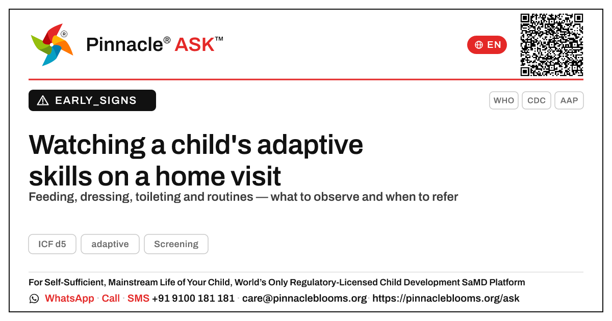 What to observe about a child's adaptive skills on a home visit — Pinnacle Ask answer card with a short explanation and QR link