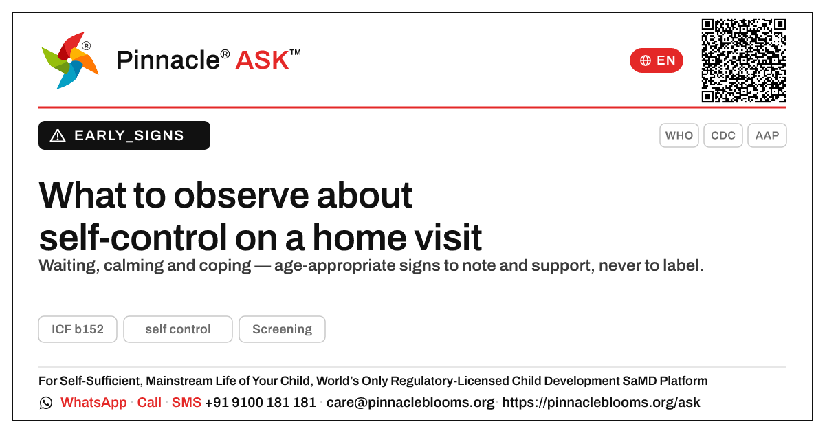 Observing self-control on a home visit — Pinnacle Ask answer card with a short explanation and QR link