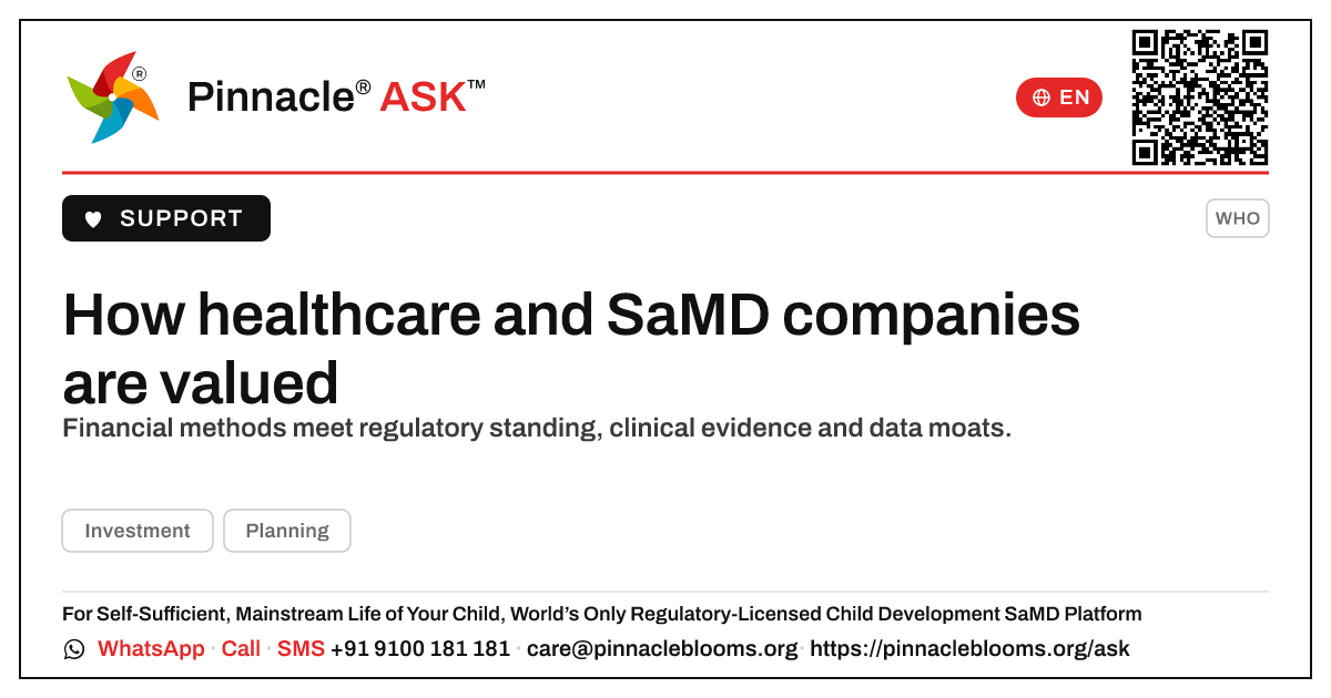 How are healthcare and SaMD companies valued? — Pinnacle Ask answer card with a short explanation and QR link