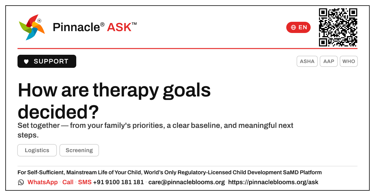 How are therapy goals decided? — Pinnacle Ask answer card with a short explanation and QR link