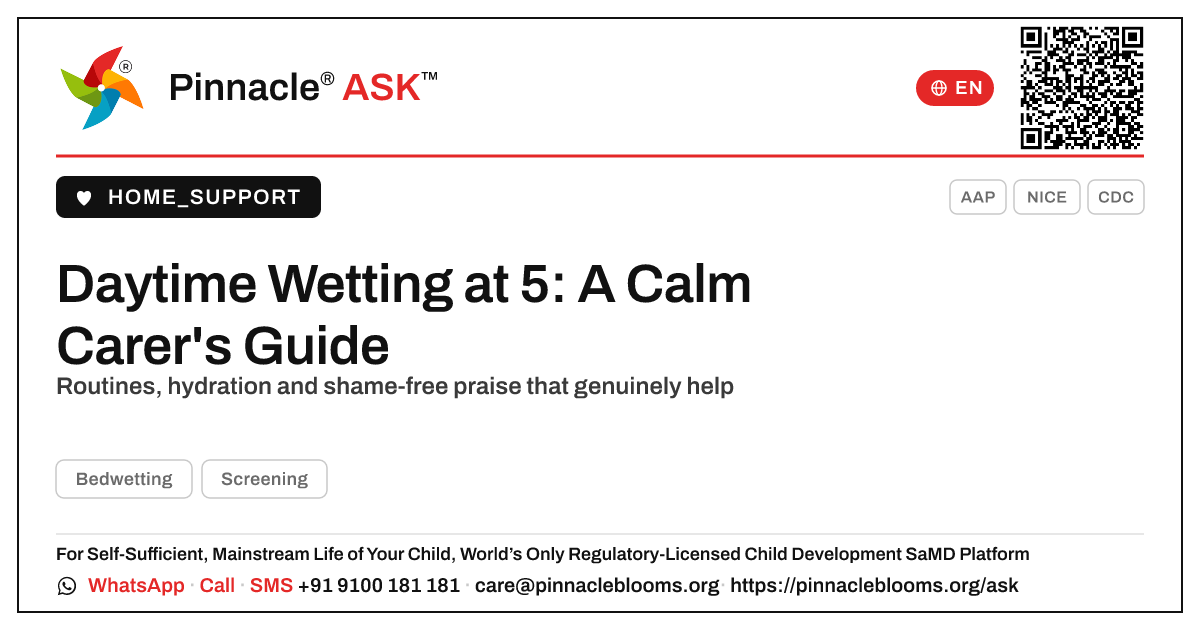 How can a caregiver manage daytime wetting in a 5-year-old? — Pinnacle Ask answer card with a short explanation and QR link