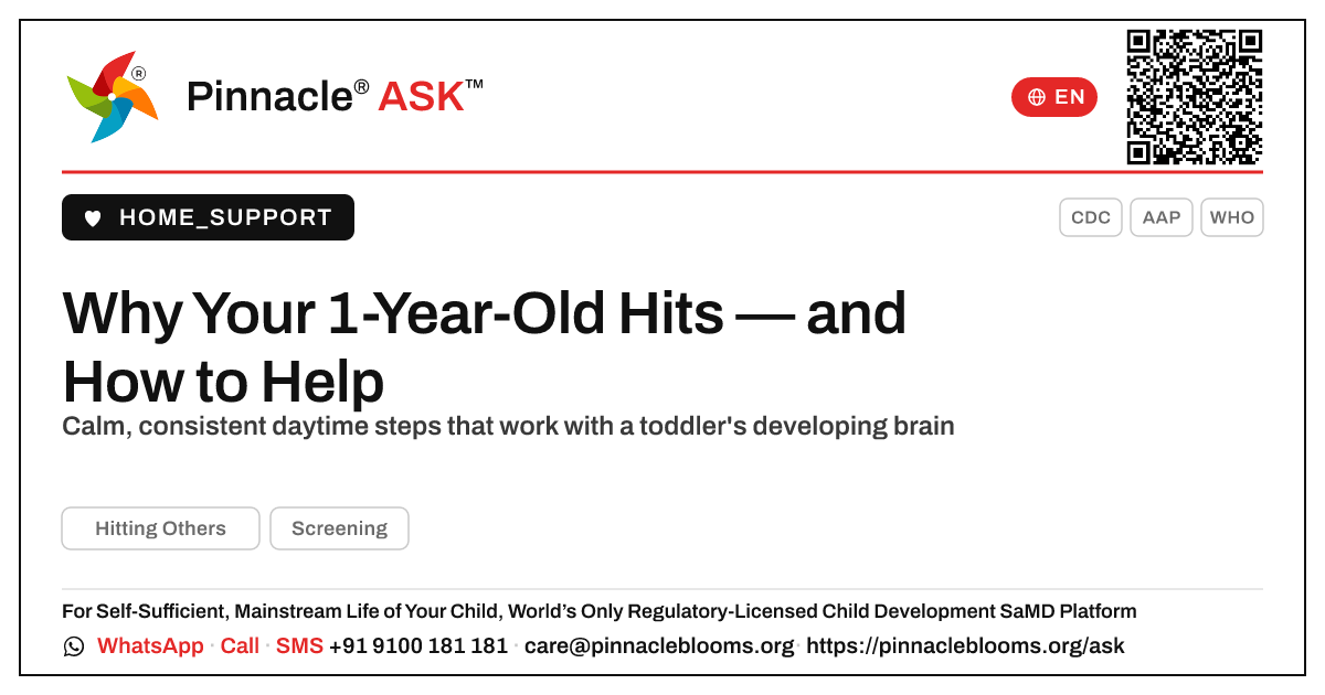How to Manage Hitting in a 1-Year-Old — Pinnacle Ask answer card with a short explanation and QR link
