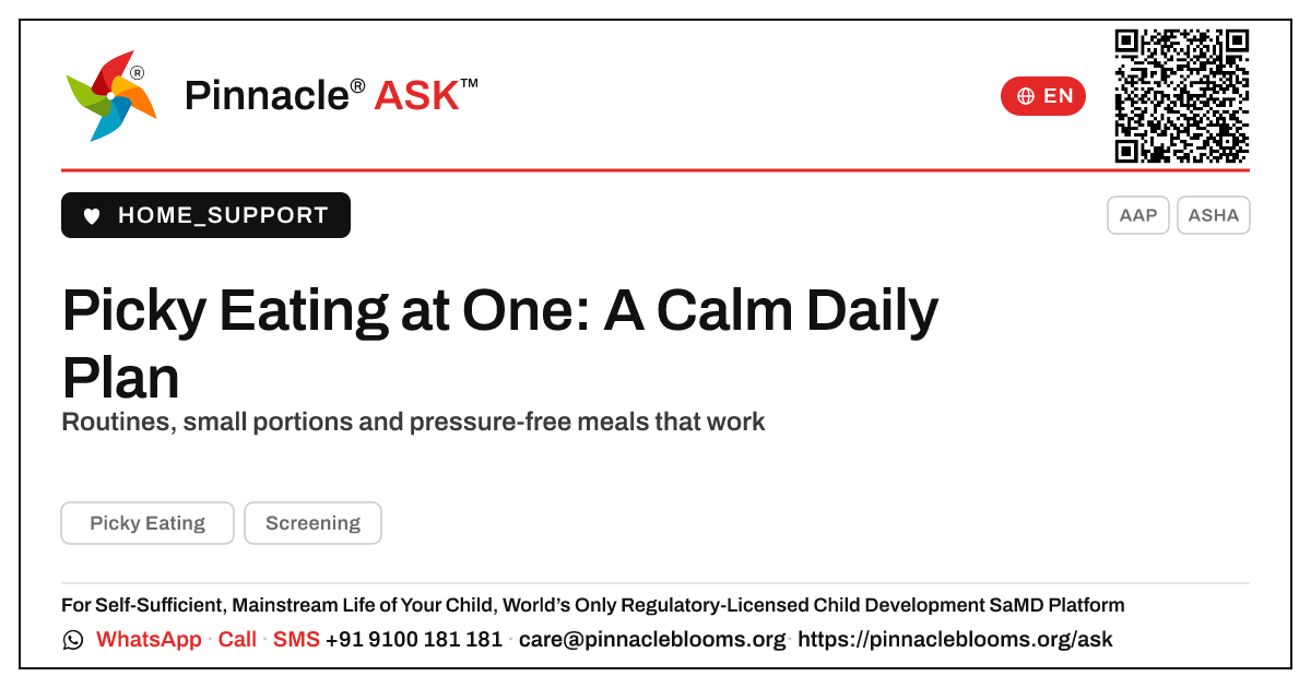 How to Manage Picky Eating in a 1-Year-Old During the Day — Pinnacle Ask answer card with a short explanation and QR link