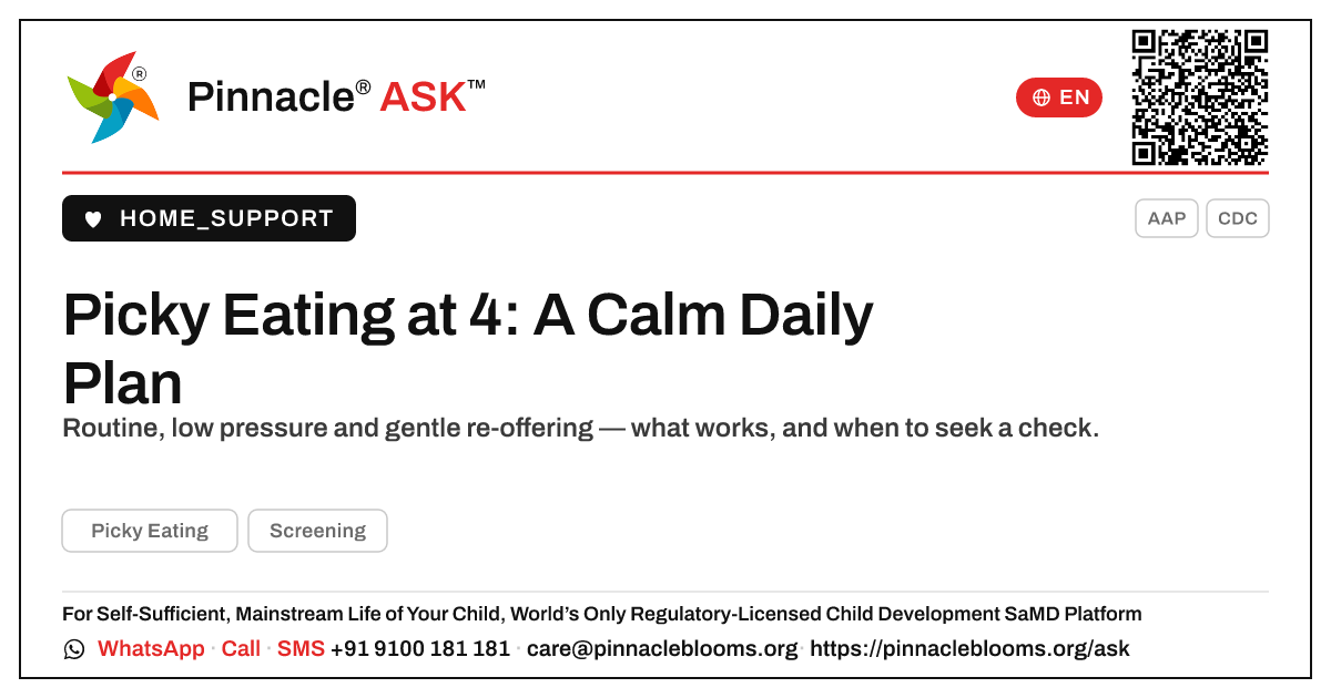 Managing Picky Eating in a 4-Year-Old During the Day — Pinnacle Ask answer card with a short explanation and QR link