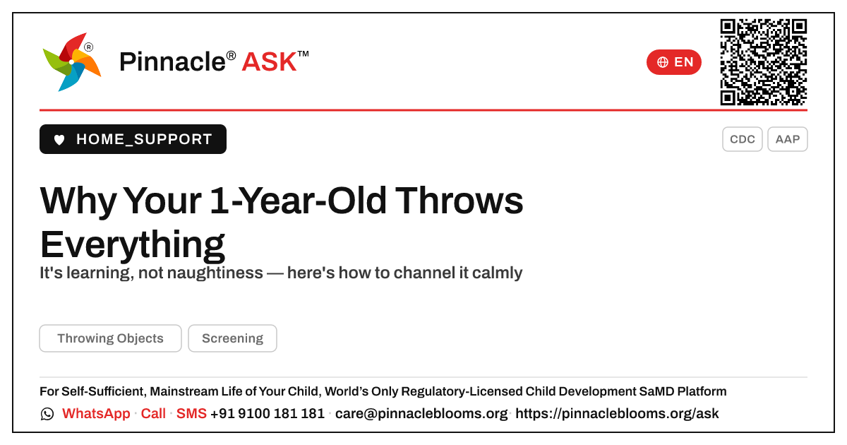 How can a caregiver manage throwing objects in a 1-year-old during the day? — Pinnacle Ask answer card with a short explanation and QR link