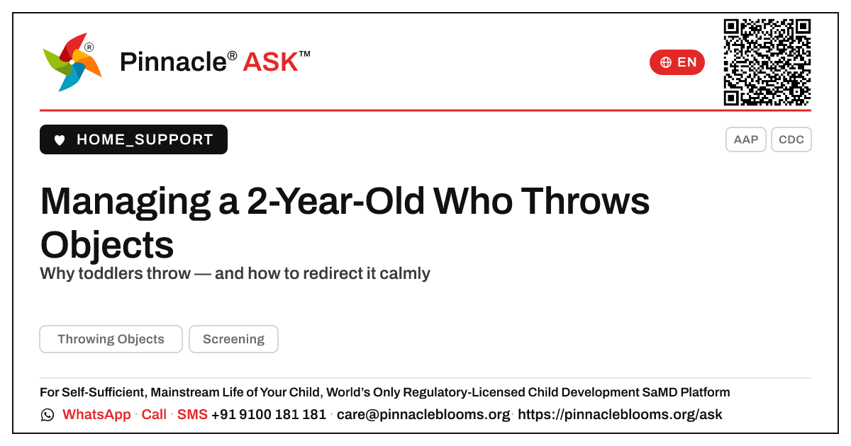 How can a caregiver manage throwing objects in a 2-year-old during the day? — Pinnacle Ask answer card with a short explanation and QR link