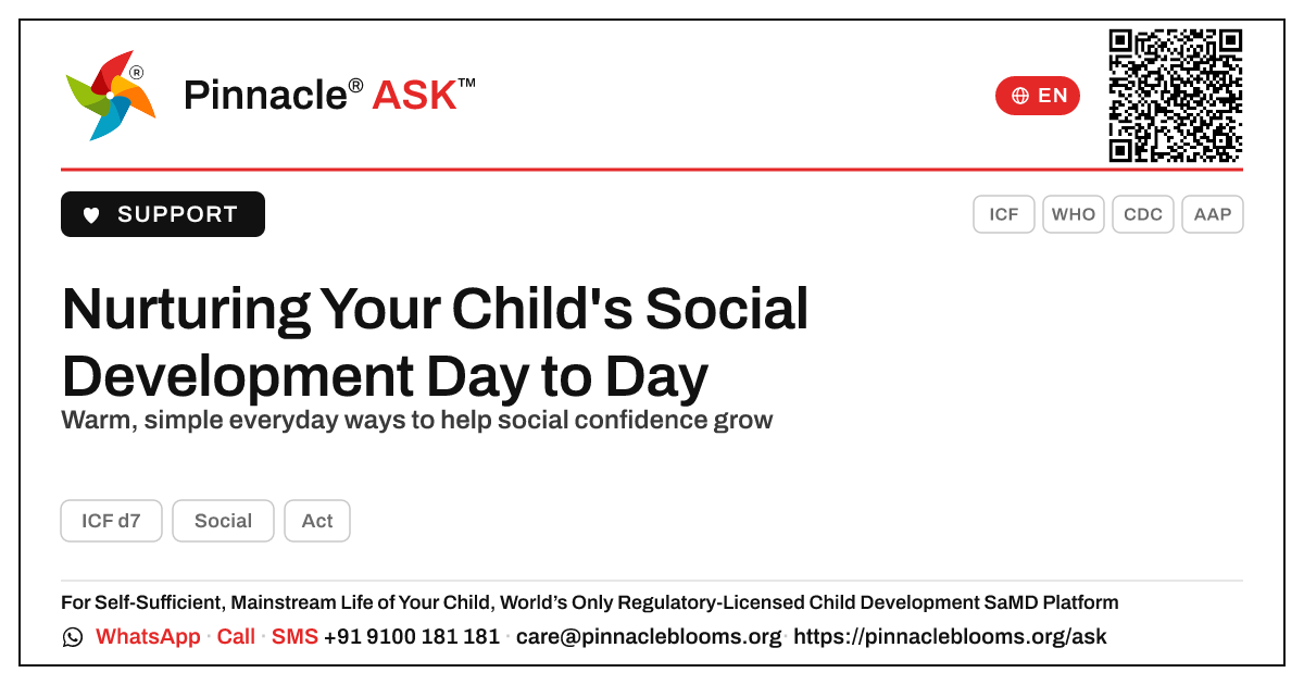 How a Caregiver Can Nurture Social Development — Pinnacle Ask answer card with a short explanation and QR link