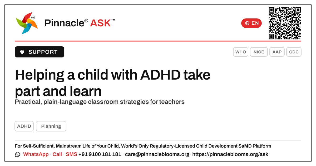 How a classroom teacher can help a child with ADHD learn — Pinnacle Ask answer card with a short explanation and QR link