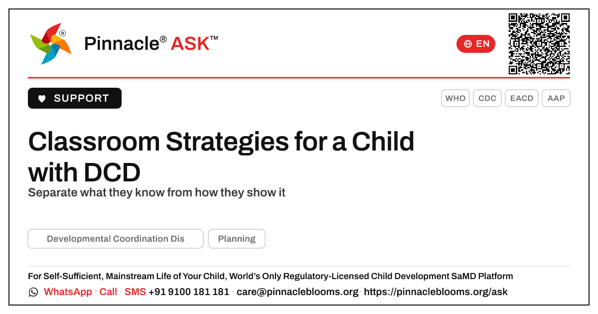 How a Classroom Teacher Can Help a Child with DCD — Pinnacle Ask answer card with a short explanation and QR link