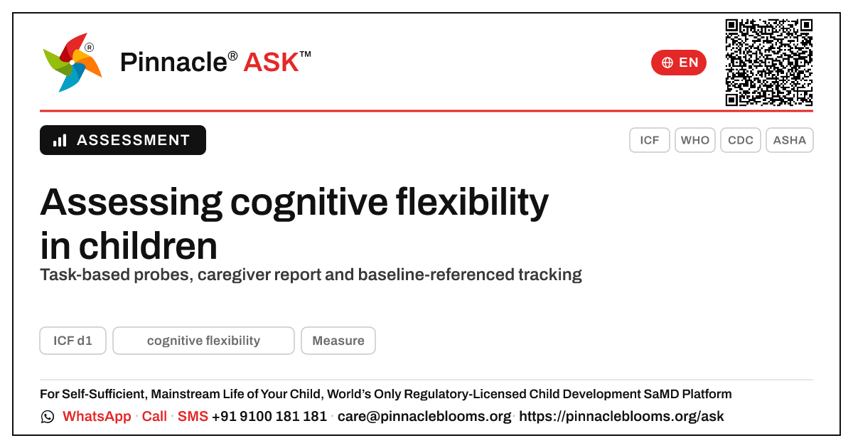 How can a clinician assess and track a child's progress in cognitive flexibility? — Pinnacle Ask answer card with a short explanation and QR link