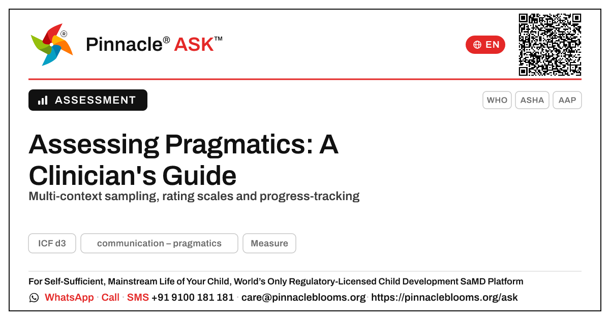How can a clinician assess and track pragmatic communication? — Pinnacle Ask answer card with a short explanation and QR link