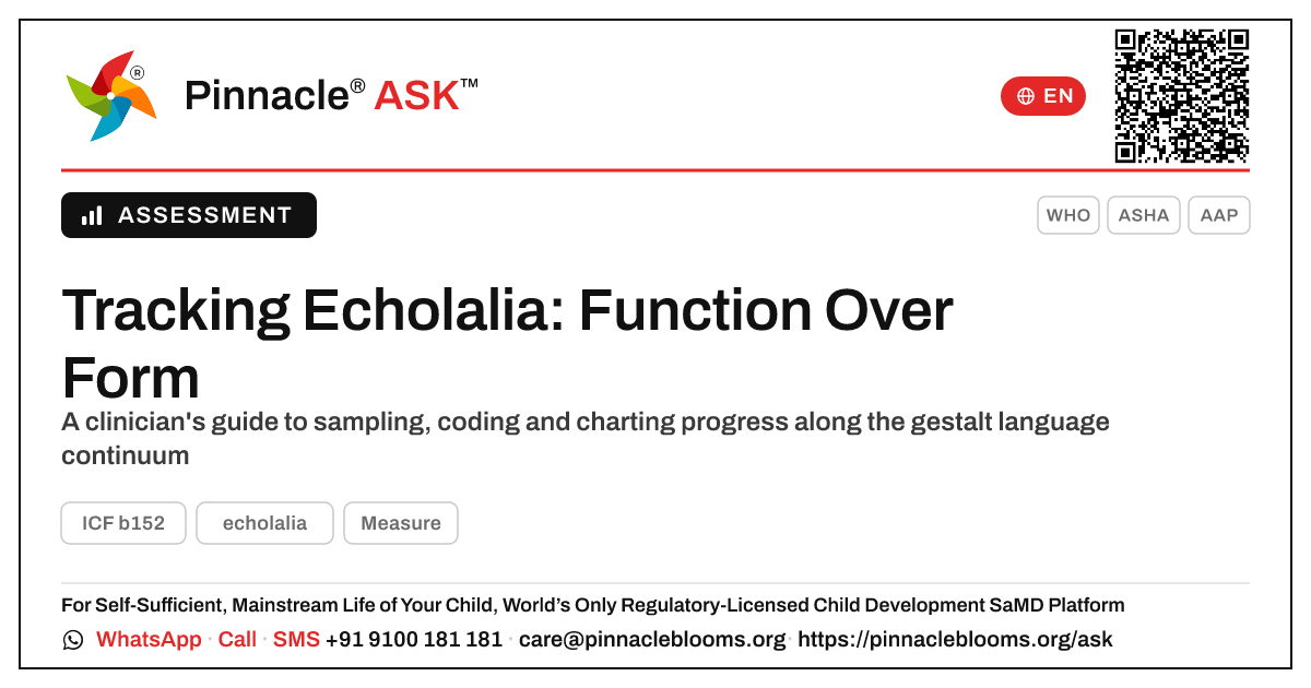 How can a clinician assess and track a child's progress in echolalia? — Pinnacle Ask answer card with a short explanation and QR link