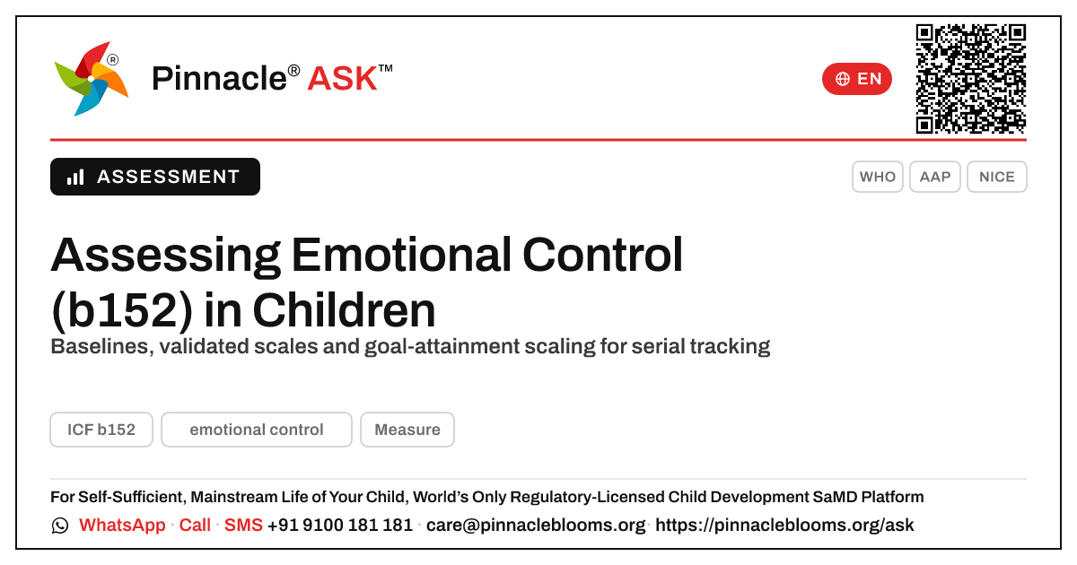 How can a clinician assess and track a child's progress in learning emotional control? — Pinnacle Ask answer card with a short explanation and QR link