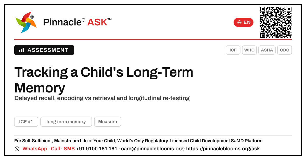 Assessing and Tracking Long-Term Memory in Children — Pinnacle Ask answer card with a short explanation and QR link