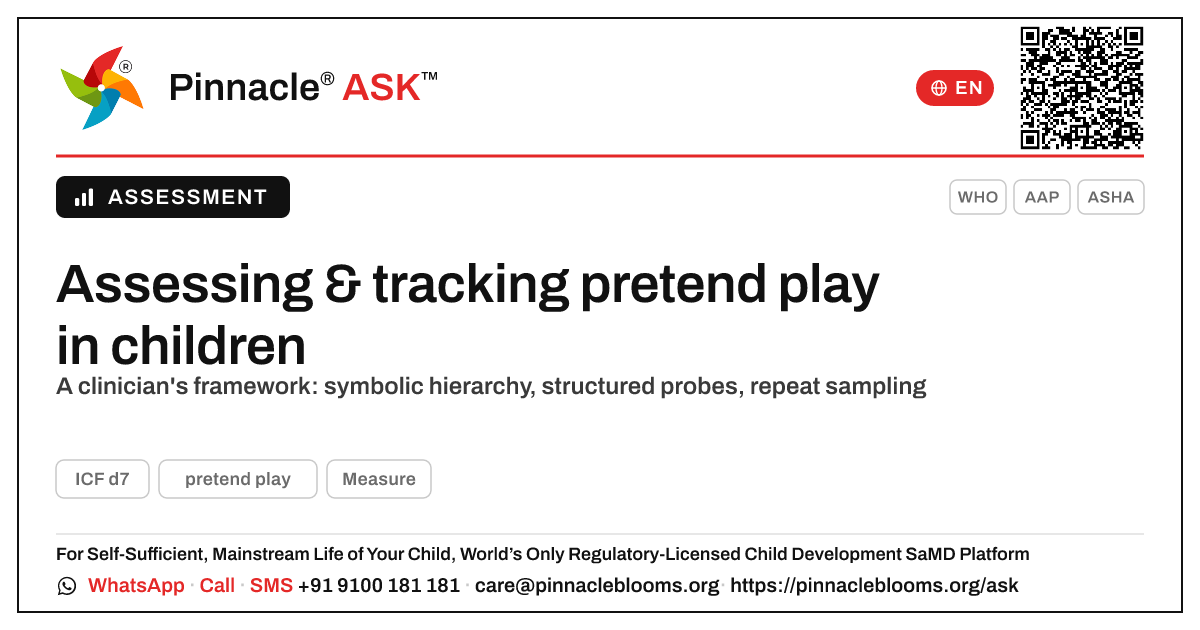 How can a clinician assess and track pretend play progress? — Pinnacle Ask answer card with a short explanation and QR link
