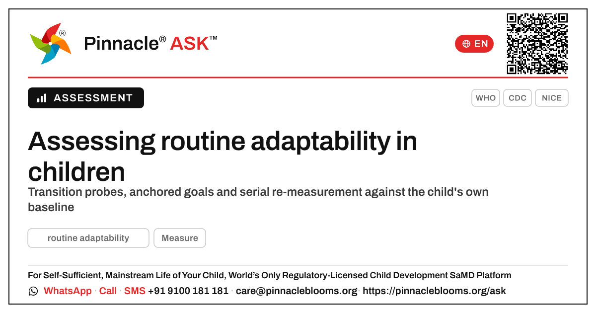 How can a clinician assess and track a child's progress in routine adaptability? — Pinnacle Ask answer card with a short explanation and QR link