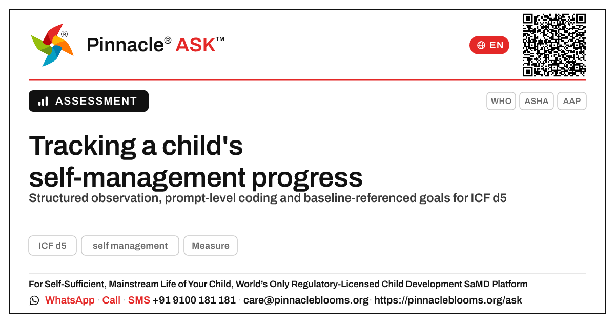 How a clinician assesses and tracks self-management progress — Pinnacle Ask answer card with a short explanation and QR link