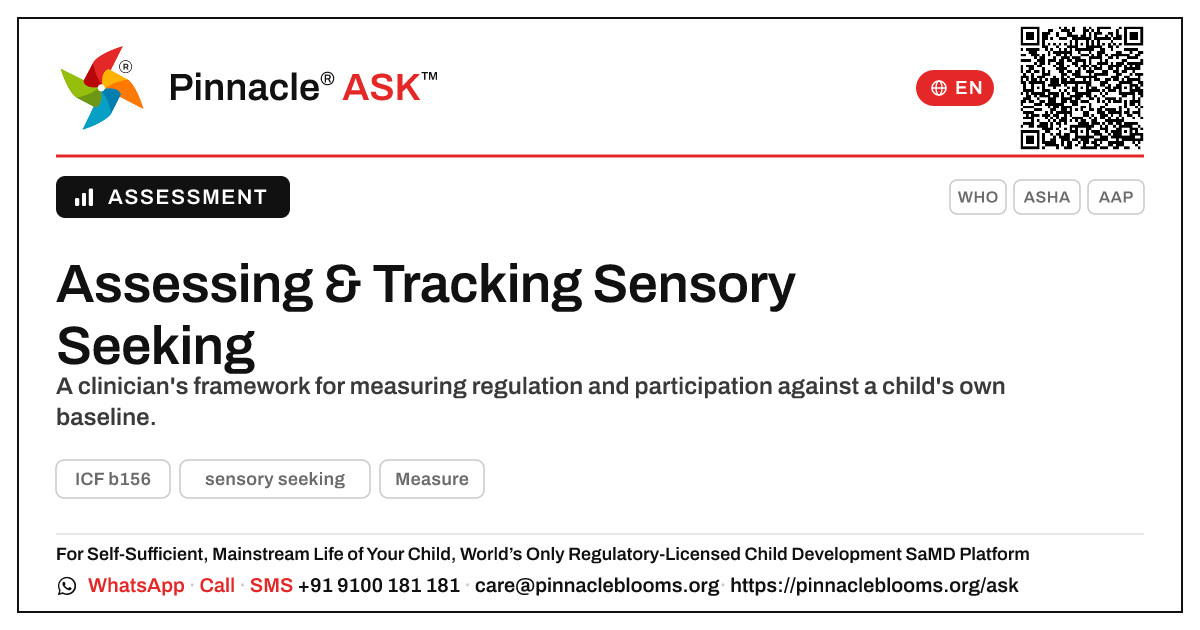 How clinicians assess and track sensory seeking — Pinnacle Ask answer card with a short explanation and QR link