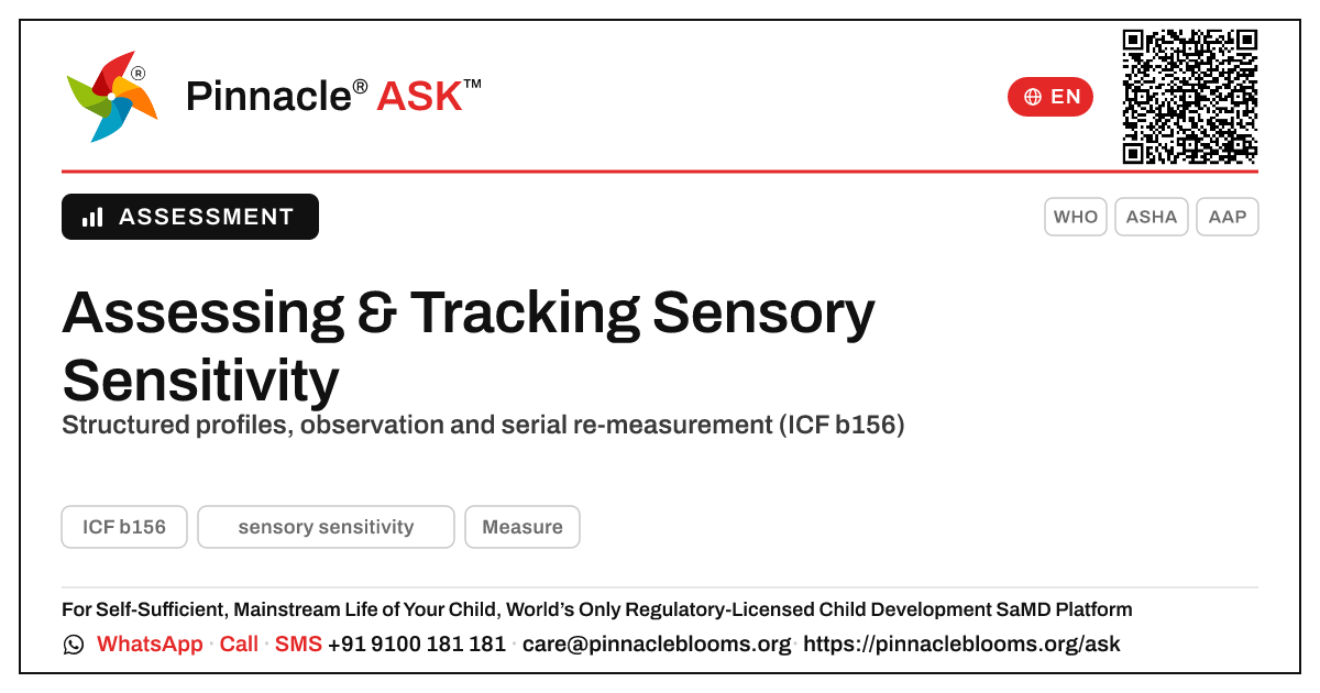 How a clinician assesses and tracks sensory sensitivity — Pinnacle Ask answer card with a short explanation and QR link
