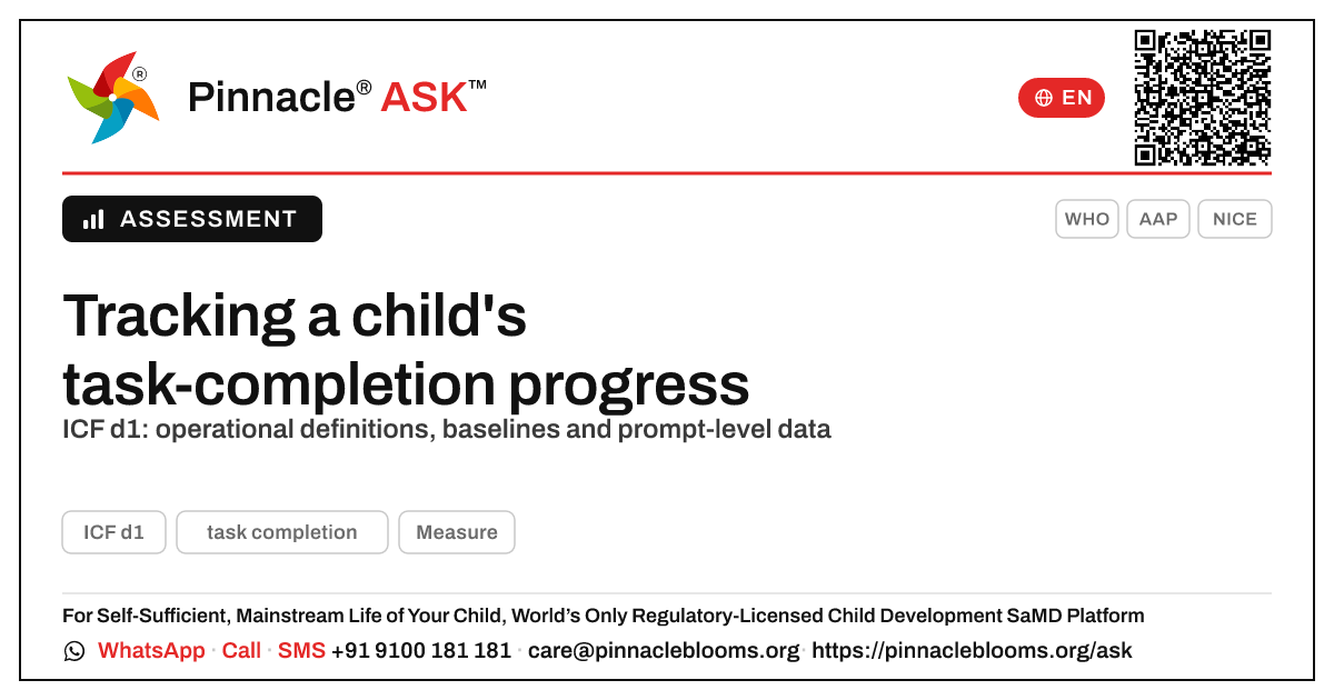 How can a clinician assess and track a child's progress in learning to task completion? — Pinnacle Ask answer card with a short explanation and QR link