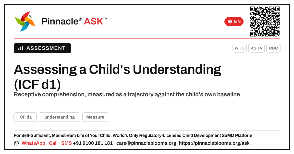 How a clinician assesses and tracks a child's understanding — Pinnacle Ask answer card with a short explanation and QR link