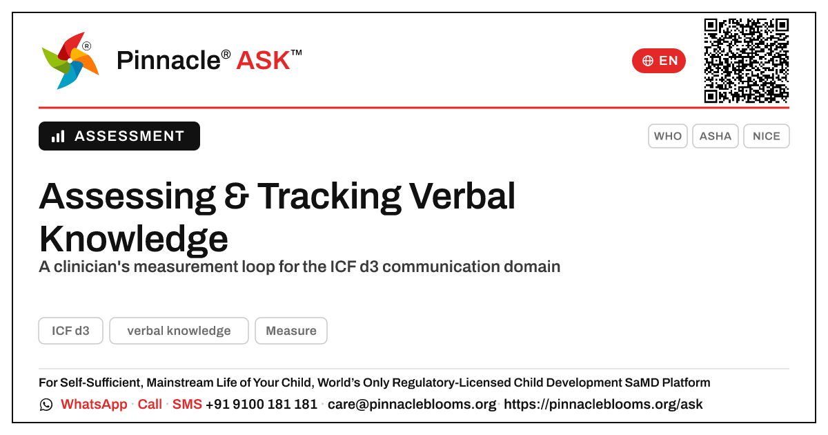 How can a clinician assess and track a child's progress in verbal knowledge? — Pinnacle Ask answer card with a short explanation and QR link