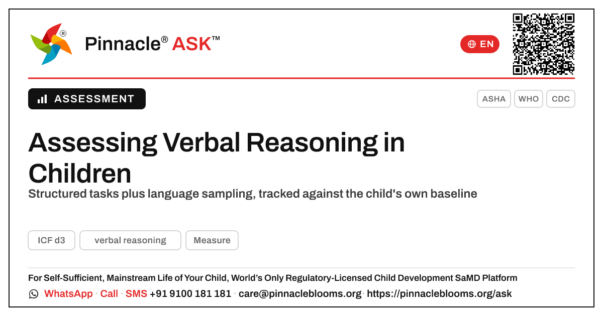 How can a clinician assess and track verbal reasoning? — Pinnacle Ask answer card with a short explanation and QR link