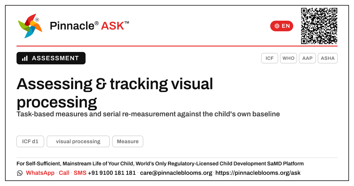How can a clinician assess and track a child's visual processing progress? — Pinnacle Ask answer card with a short explanation and QR link