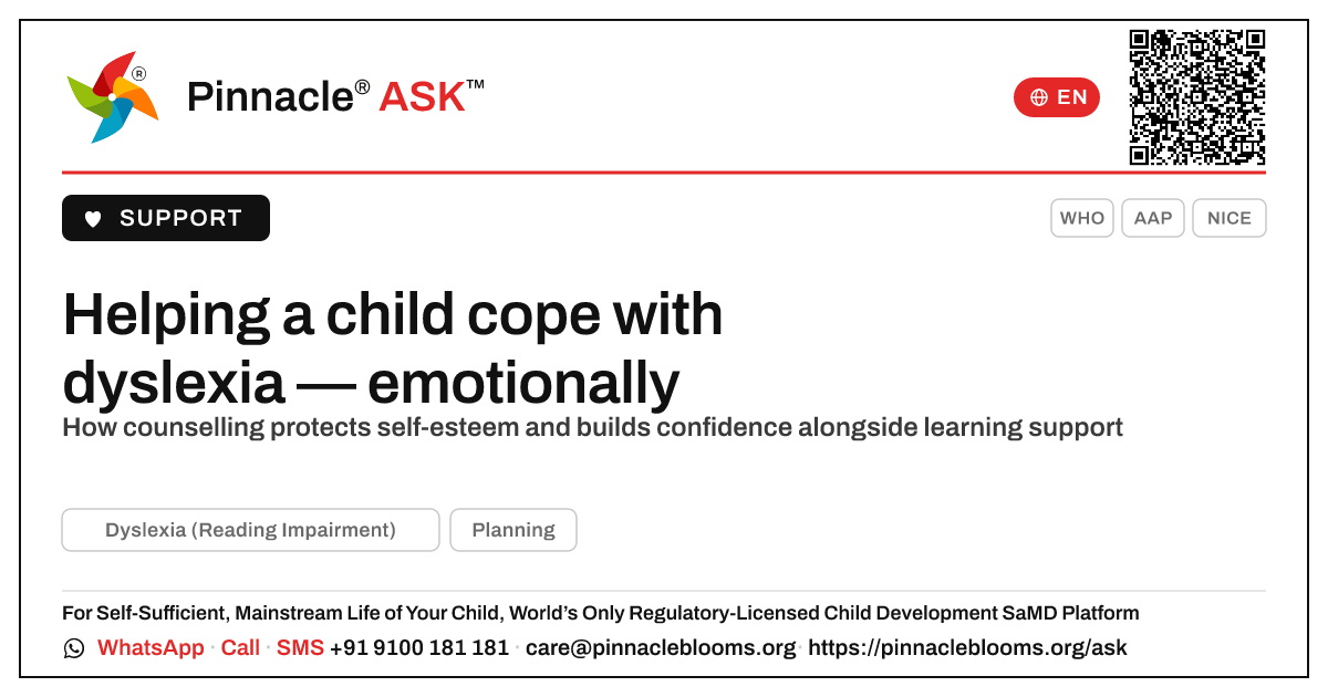 How a counsellor helps a child cope with the emotional impact of dyslexia — Pinnacle Ask answer card with a short explanation and QR link