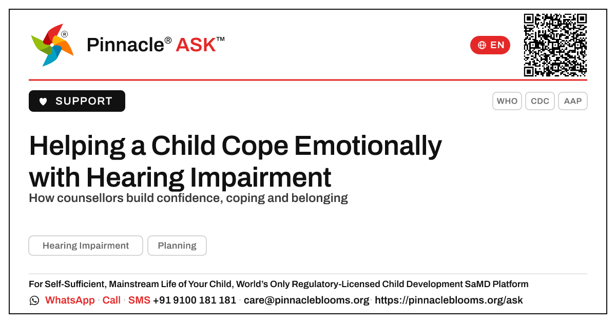 Counselling Support for Children with Hearing Impairment — Pinnacle Ask answer card with a short explanation and QR link