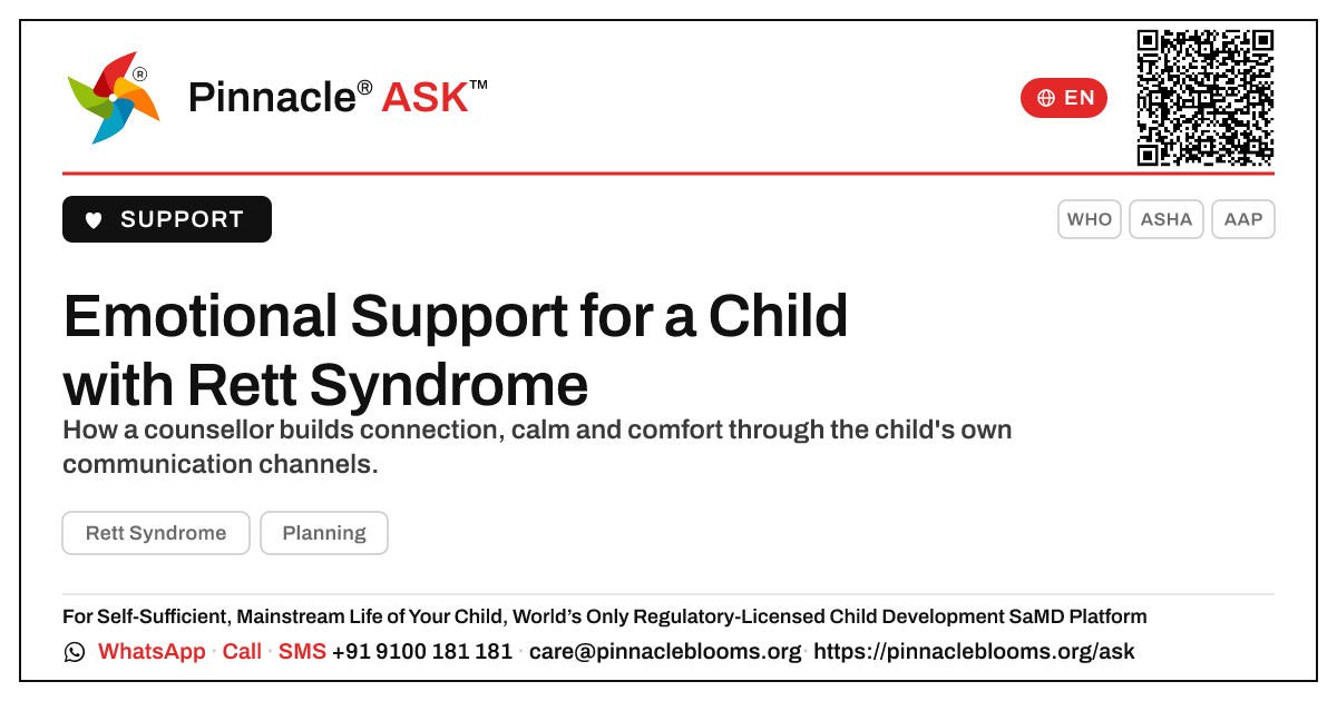 Counselling and the Emotional Impact of Rett Syndrome — Pinnacle Ask answer card with a short explanation and QR link
