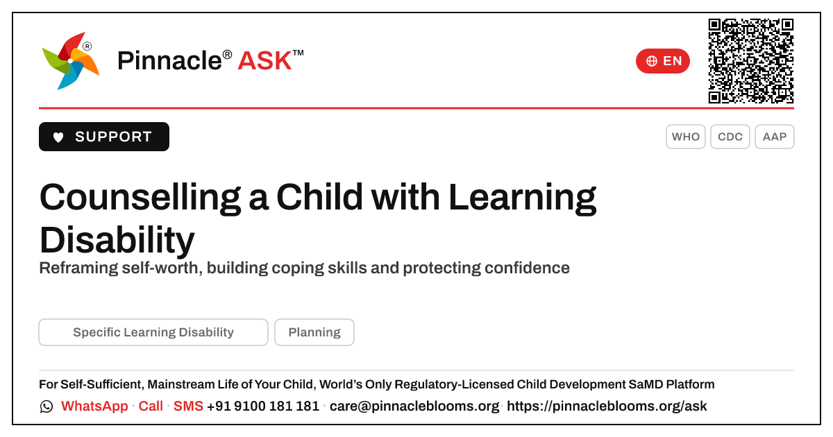 How can a counsellor help a child cope with the emotional impact of Specific Learning Disability? — Pinnacle Ask answer card with a short explanation and QR link