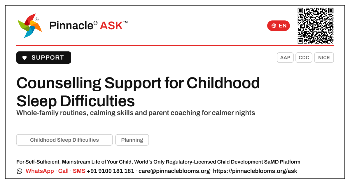 How a Counsellor Supports Childhood Sleep Difficulties — Pinnacle Ask answer card with a short explanation and QR link