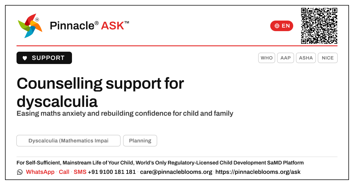 Counselling support for dyscalculia and the family — Pinnacle Ask answer card with a short explanation and QR link