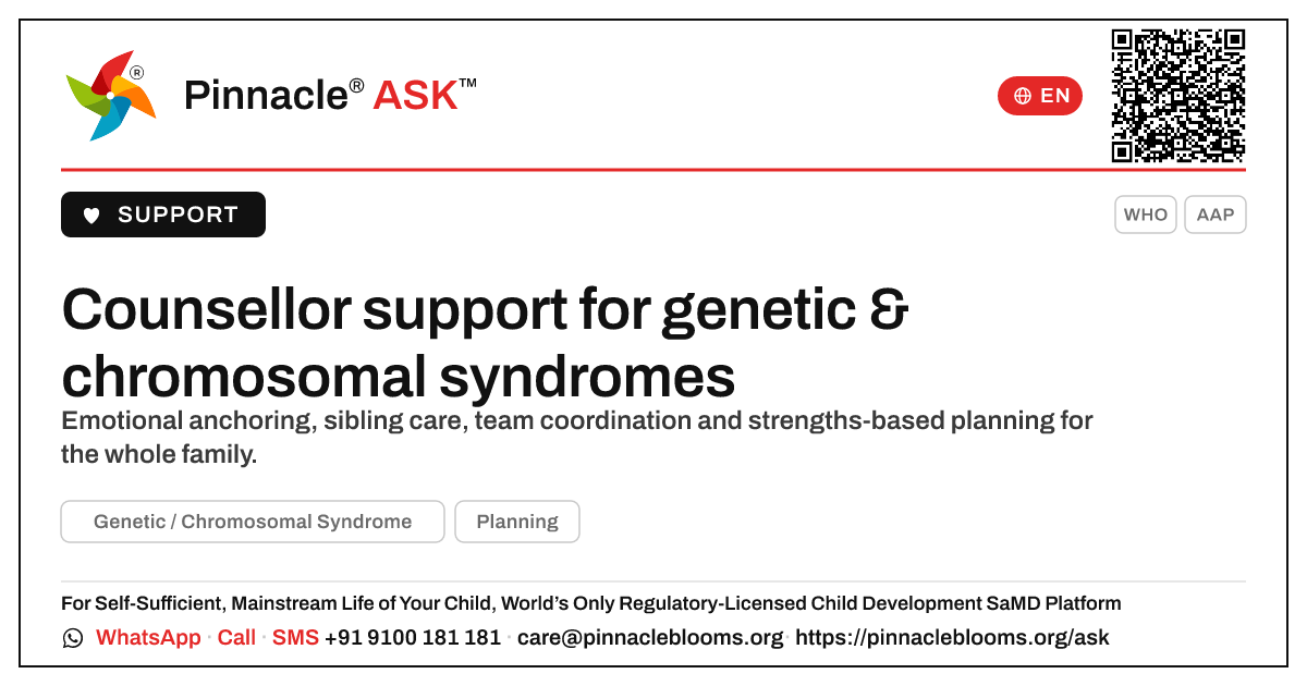 How a counsellor can support a child with genetic or chromosomal syndromes and their family — Pinnacle Ask answer card with a short explanation and QR link