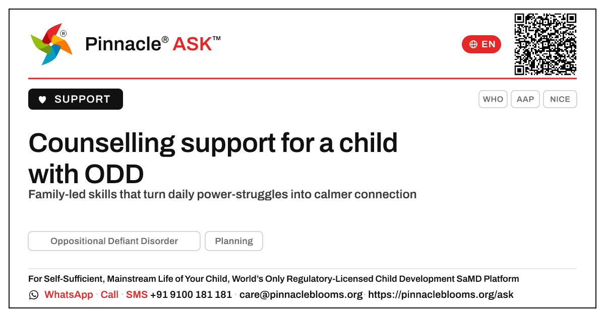 How can a counsellor support a child with Oppositional Defiant Disorder and their family? — Pinnacle Ask answer card with a short explanation and QR link