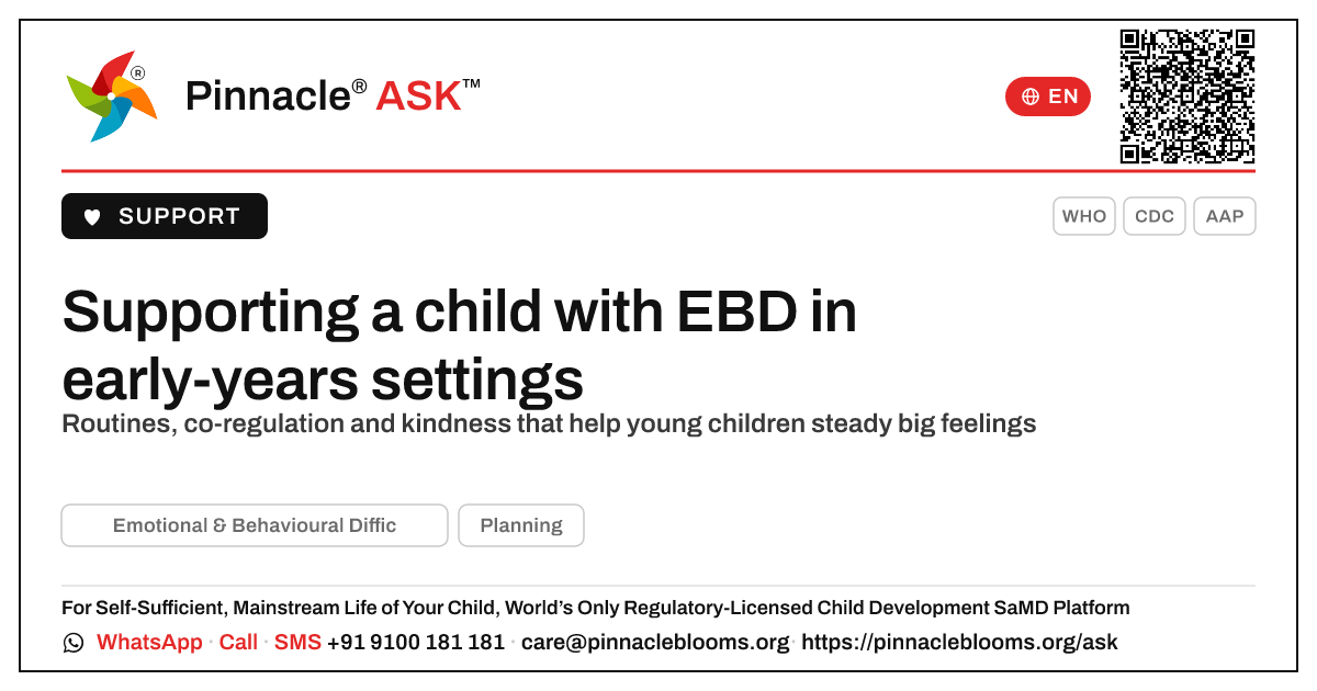 How early-years workers can support children with EBD — Pinnacle Ask answer card with a short explanation and QR link