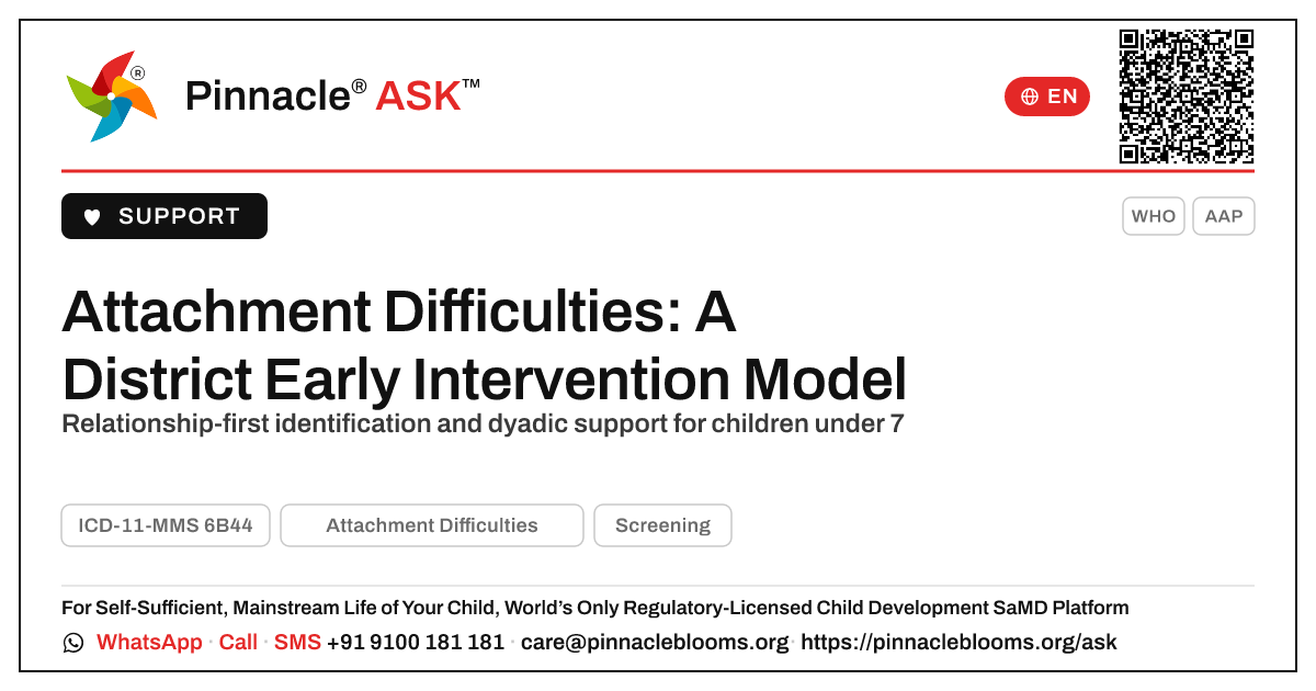 Identifying and Supporting Under-7s with Attachment Difficulties — Pinnacle Ask answer card with a short explanation and QR link
