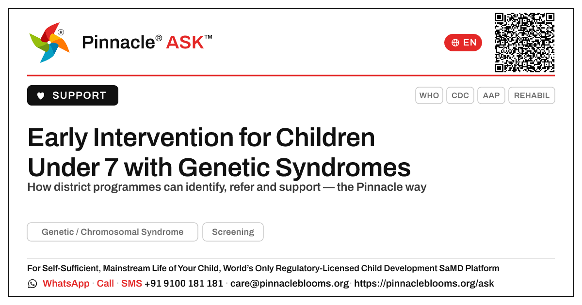 Identifying and Supporting Children Under 7 with Genetic / Chromosomal Syndromes — Pinnacle Ask answer card with a short explanation and QR link