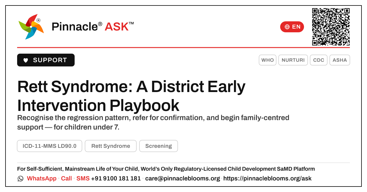 Identifying and Supporting Children Under 7 with Rett Syndrome — Pinnacle Ask answer card with a short explanation and QR link
