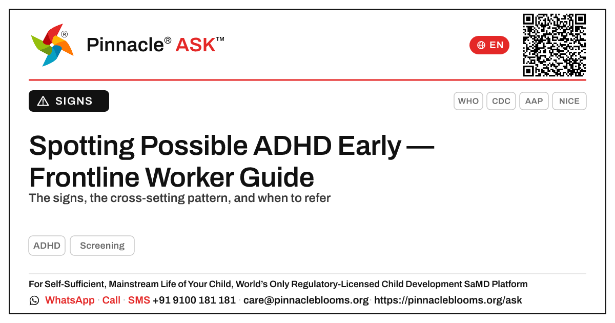 How a Frontline Health Worker Can Spot Possible ADHD Early — Pinnacle Ask answer card with a short explanation and QR link
